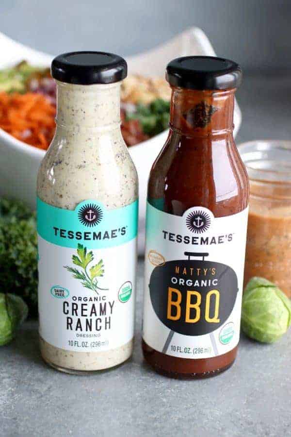 BBQ Ranch Chopped Salad with Brussels Sprouts & Kale Tessemae's Creamy Ranch and BBQ sauces in glass bottles