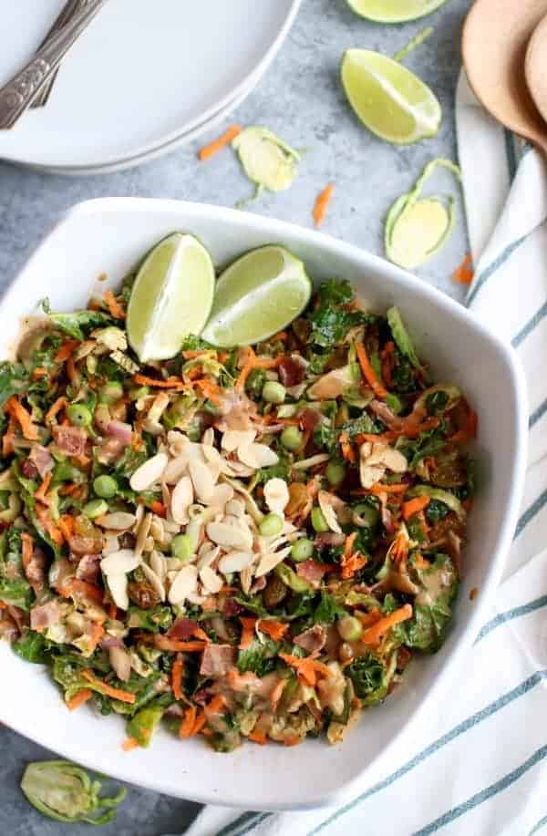 BBQ Ranch Chopped Salad with Brussels Sprouts & Kale in a white bowl