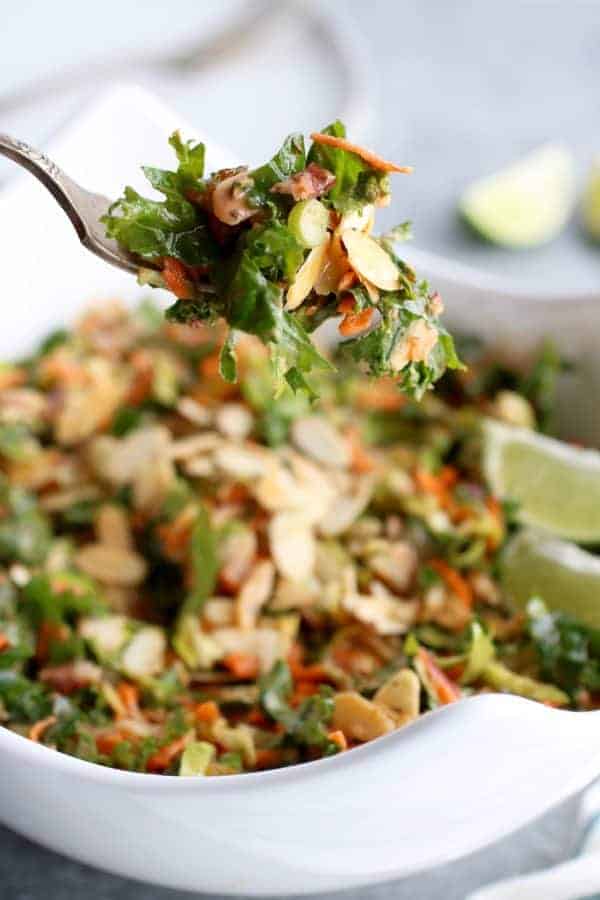 BBQ Ranch Chopped Salad with Brussels Sprouts & Kale on a silver fork