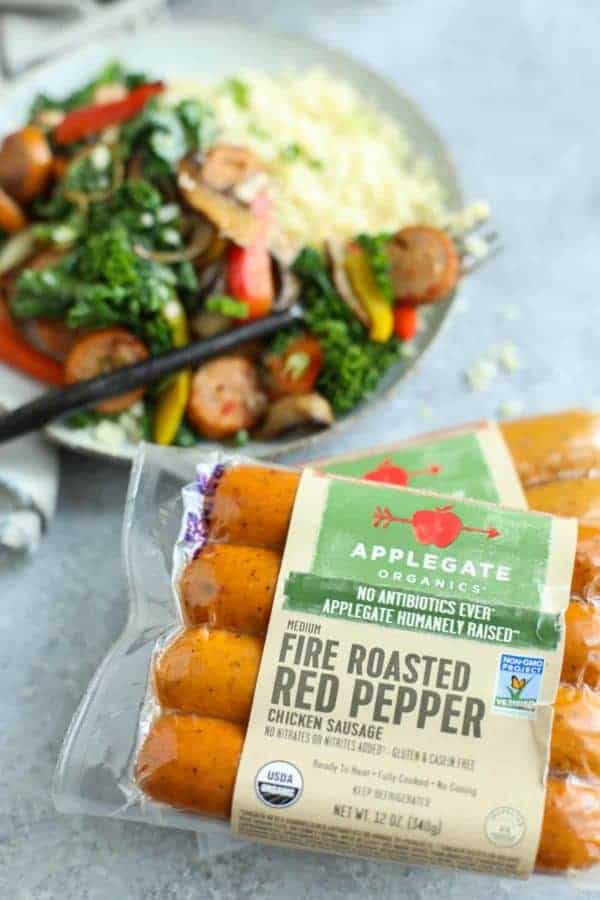 Two packages of Applegate Fire Roasted Red Pepper Chicken Sausage.