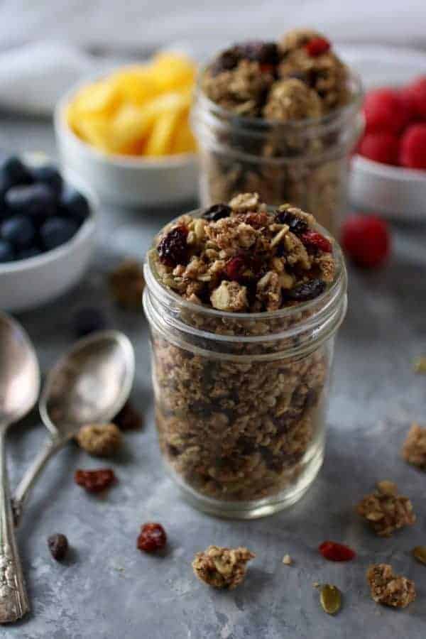 Side view of Crunchy Nut-free Paleo Granola in a mason jar