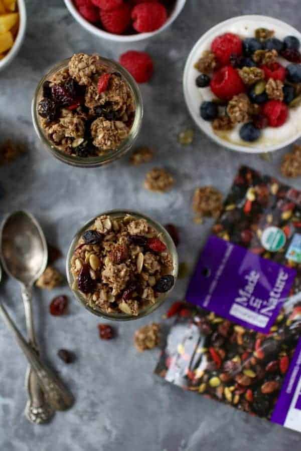 Top view of Crunchy Nut-free Paleo Granola in a mason jar. 