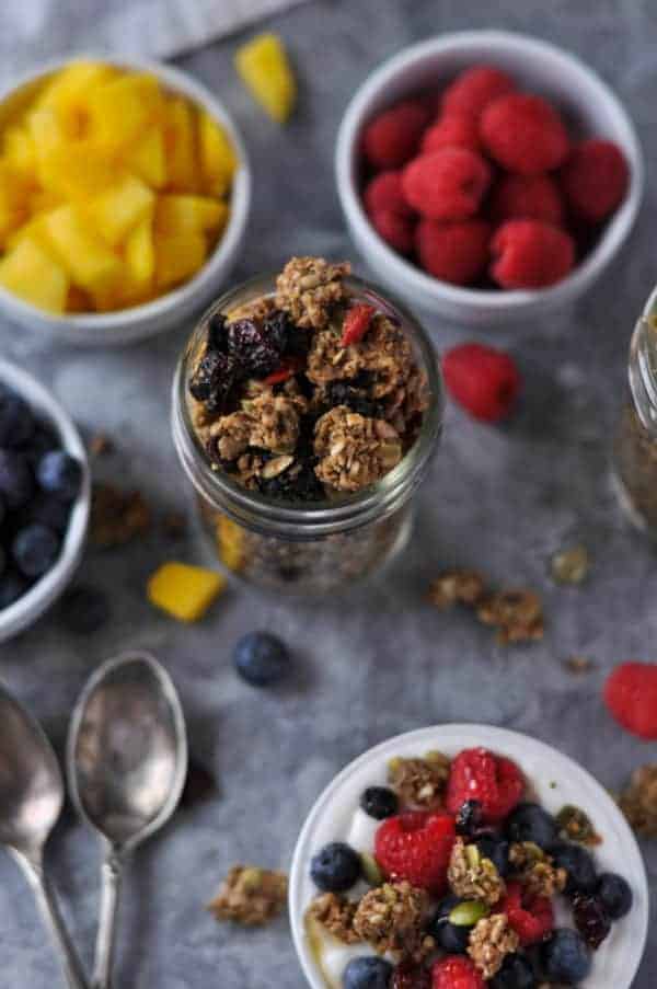 Crunchy Nut-free Paleo Granola in a mason jar