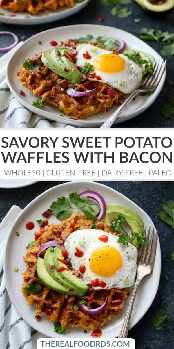 Pinterest image for Savory Sweet Potato Bacon Waffles