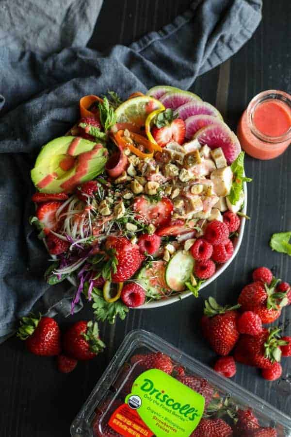 Berry Protein Salad Bowl with vinaigrette drizzled on top