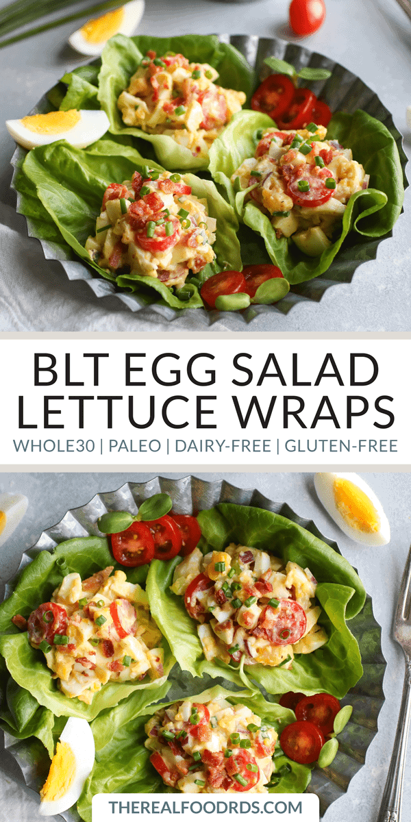 Pinterest image for BLT Egg Salad Lettuce Wraps