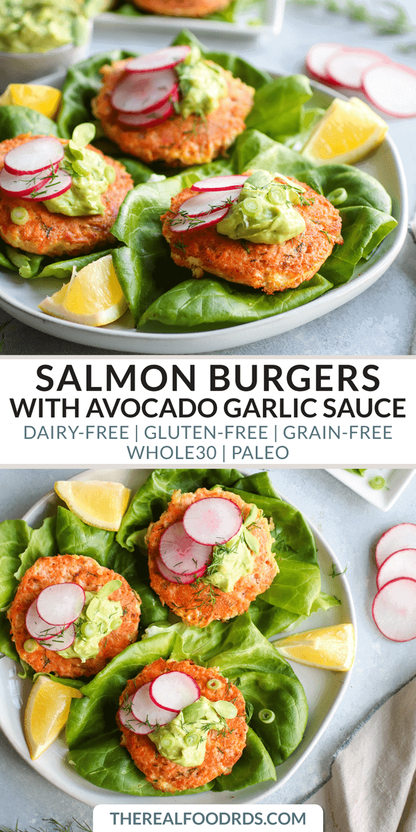 Pinterest image for Salmon Burgers with Avocado Garlic Sauce