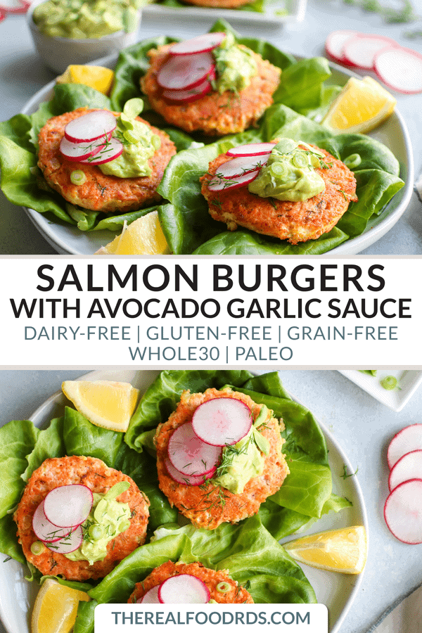 Pinterest image for Salmon Burgers with Avocado Garlic Sauce