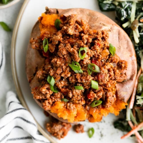 Overhead view sloppy joe stuffed sweet potato