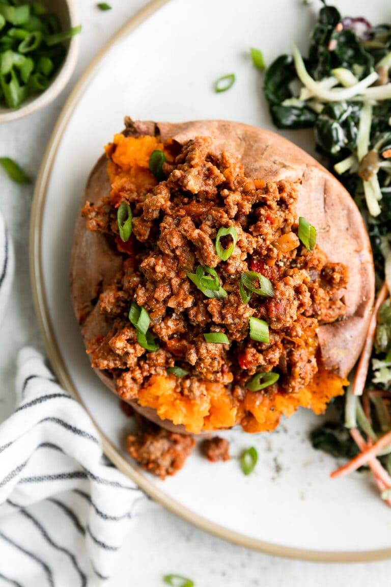 Overhead view sloppy joe stuffed sweet potato