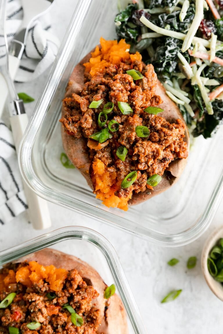 Glass meal prep containers full of portioned out Healthy Sloppy Joes. 