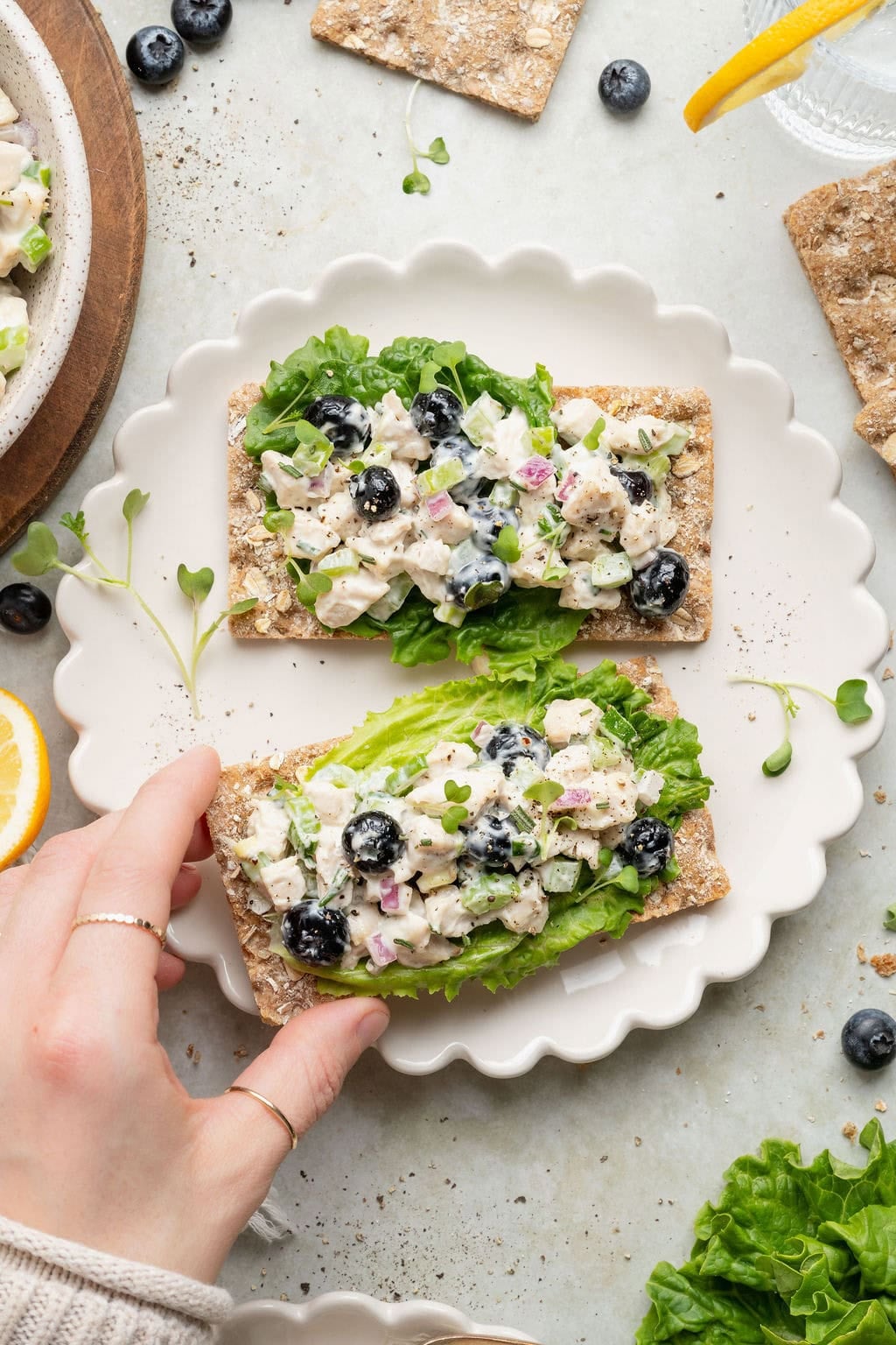 Overhead view of a white plate filled with Blueberry Chicken Salad on top of crackers with lettuce.