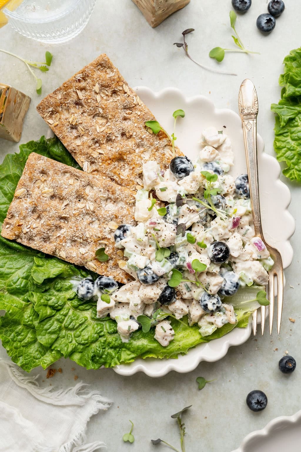 Overhead view of Blueberry Chicken Salad arranged on top of crackers and lettuce leaves.