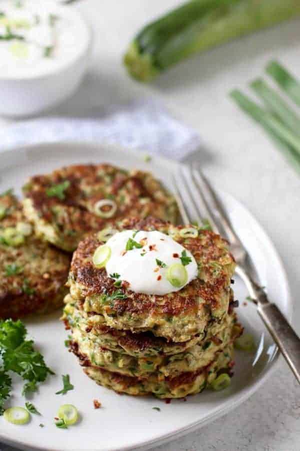 Savory Zucchini Fritters on a white plate