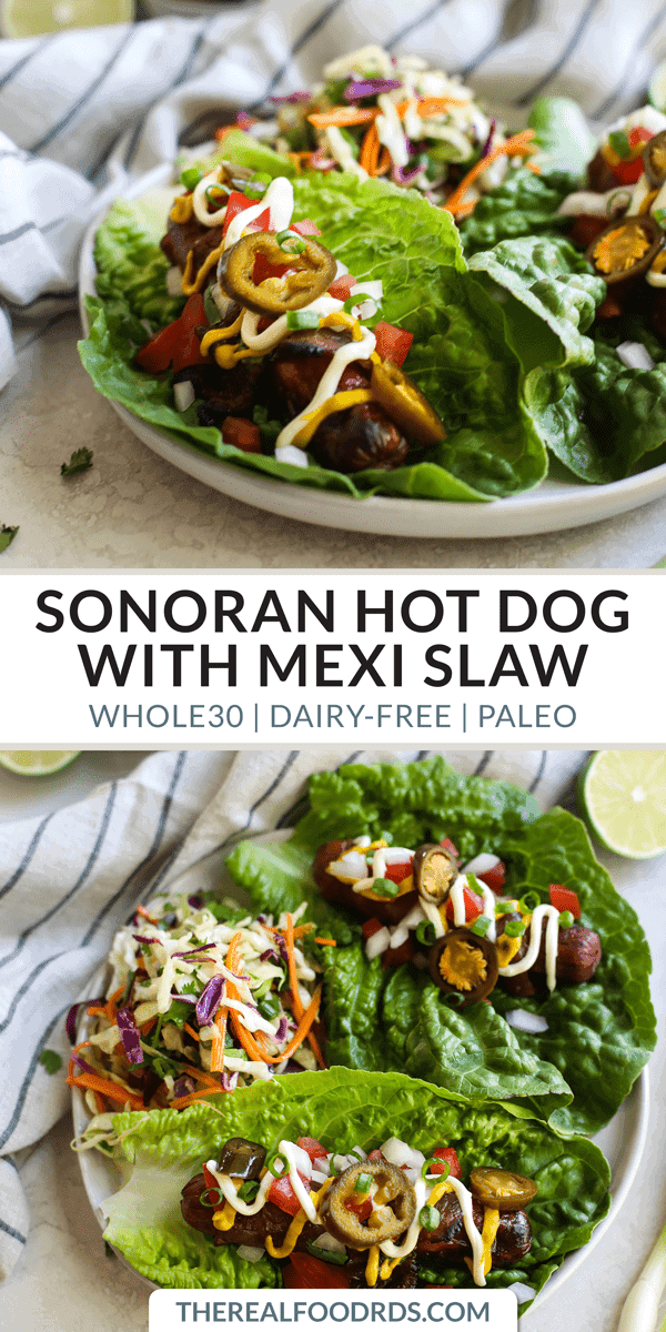 Pinterest image for Sonoran Hot Dogs with Mexi Slaw 