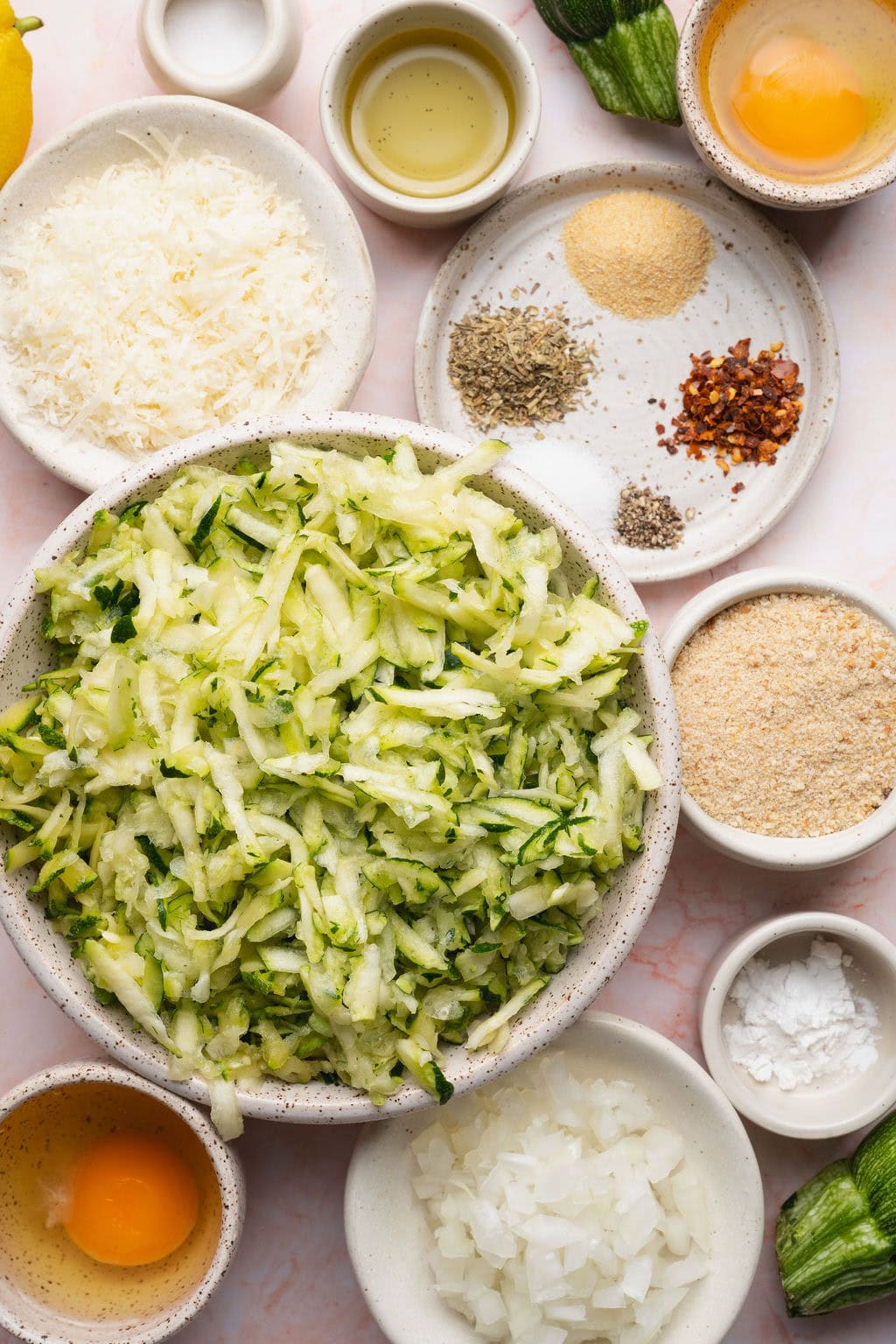 Ingredients to make savory zucchini fritters.
