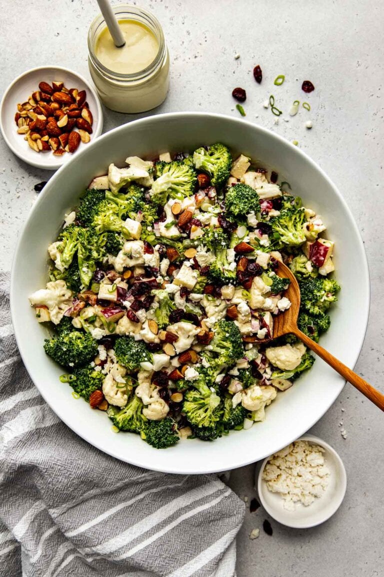 Apple Broccoli Cauliflower Salad with Lemon dressing served in large bowl