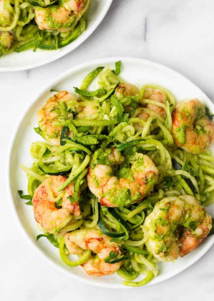 aerial view of Spicy Chimichurri Shrimp Zucchini Noodles on a white plate