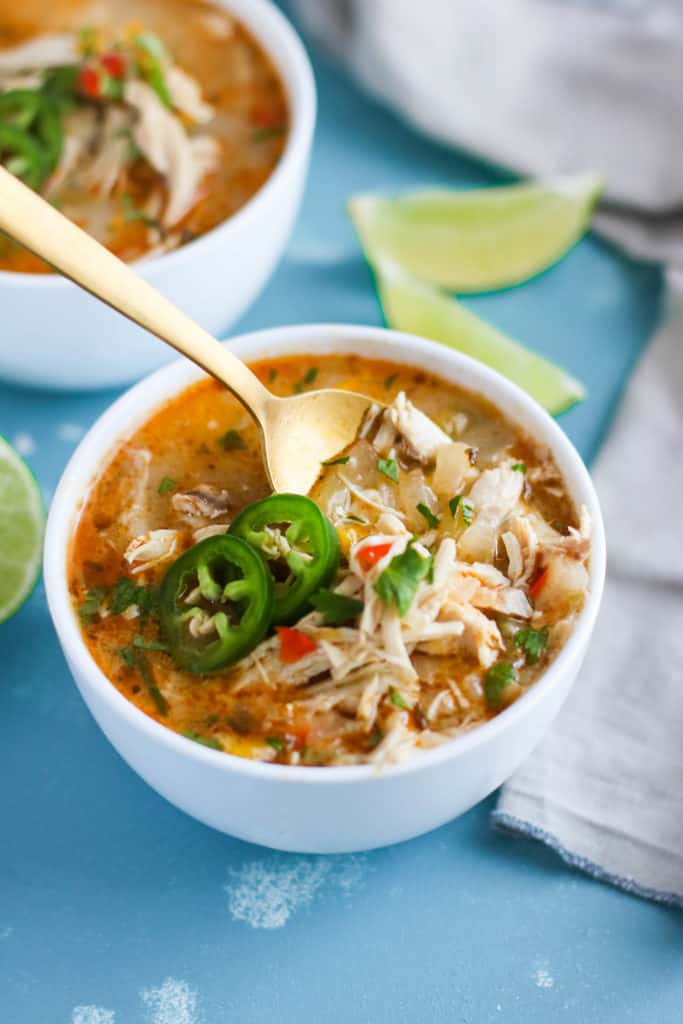 Slow Cooker White Chicken Chili in white bowls