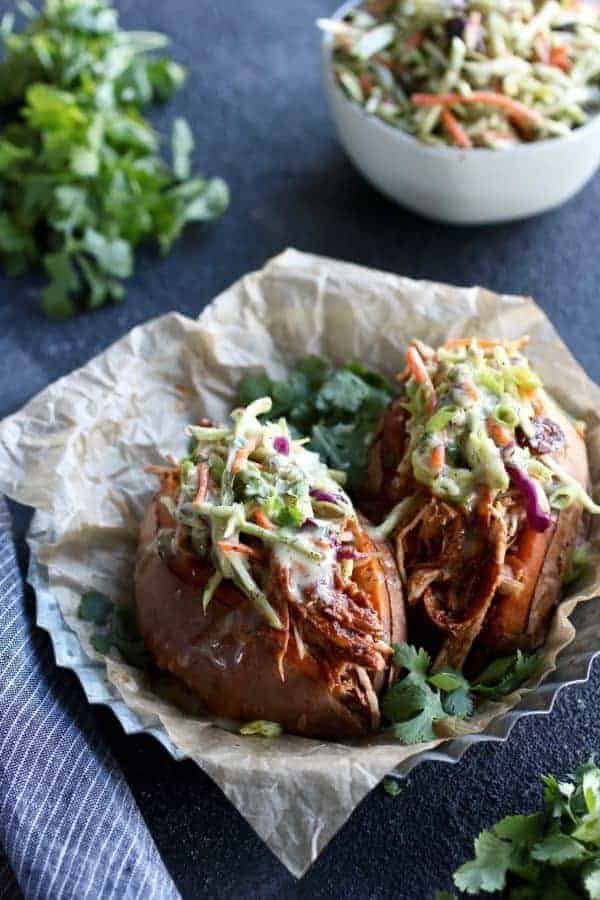 Instant Pot BBQ Pulled Chicken in a sweet potatoe