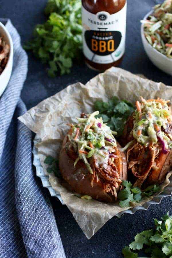 Instant Pot BBQ Pulled Chicken with slaw stuffed in a sweet potato