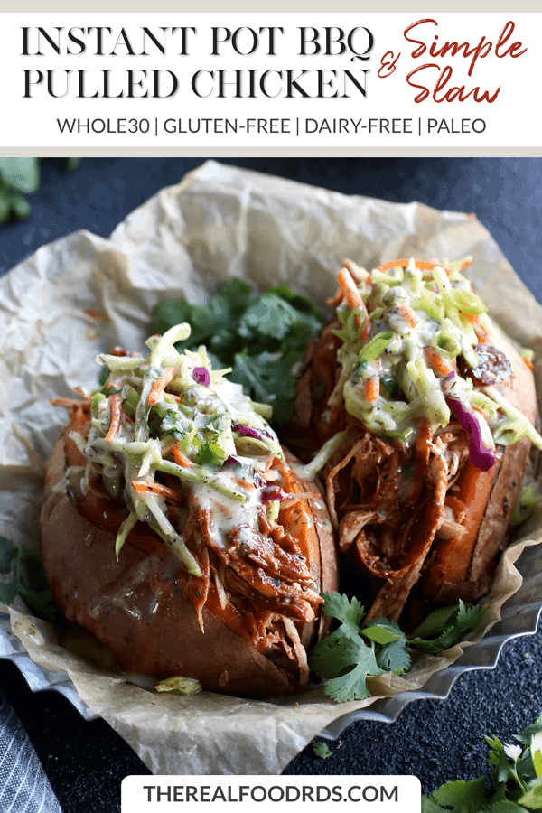 Pinterest image for Instant Pot BBQ Pulled Chicken with Simple Slaw