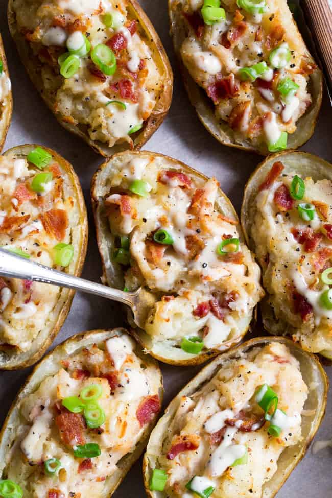 Aerial view of Chicken Caesar Twice Baked Potatoes 