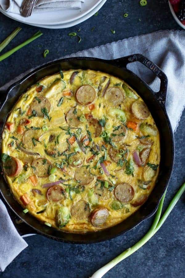 Overhead view of Sweet Potato Chicken Sausage Egg Bake in a skillet