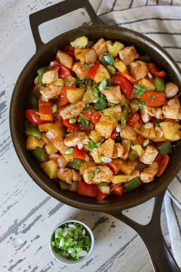 overhead view of Sweet and Sour Chicken in a skillet