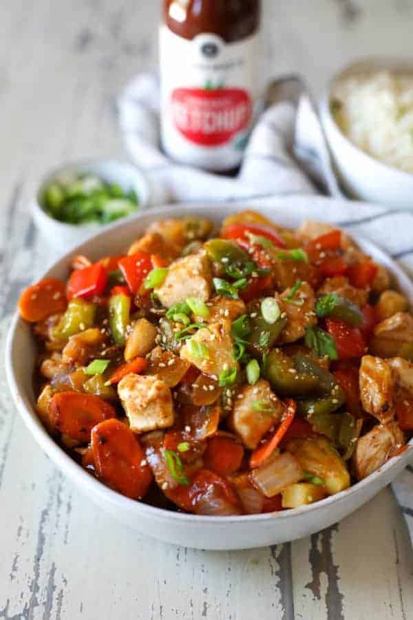 Sweet and Sour Chicken in a white bowl 