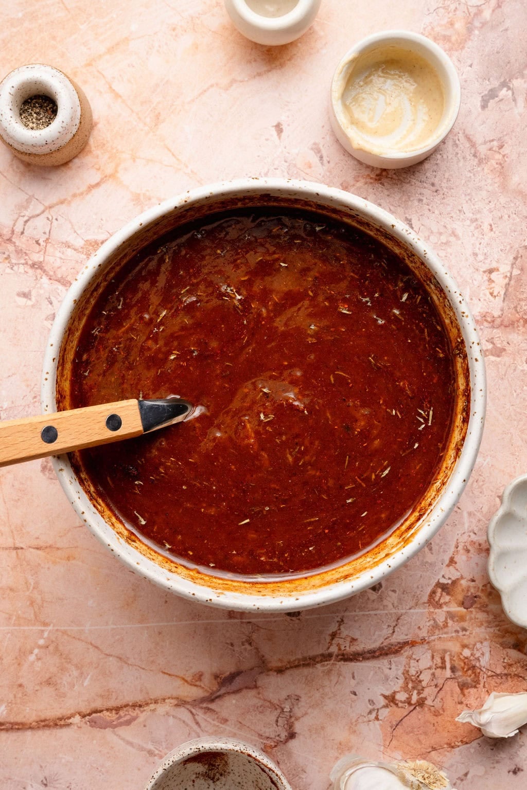 Overhead view of a bowl of Pulled Pork Slider BBQ sauce mixture.