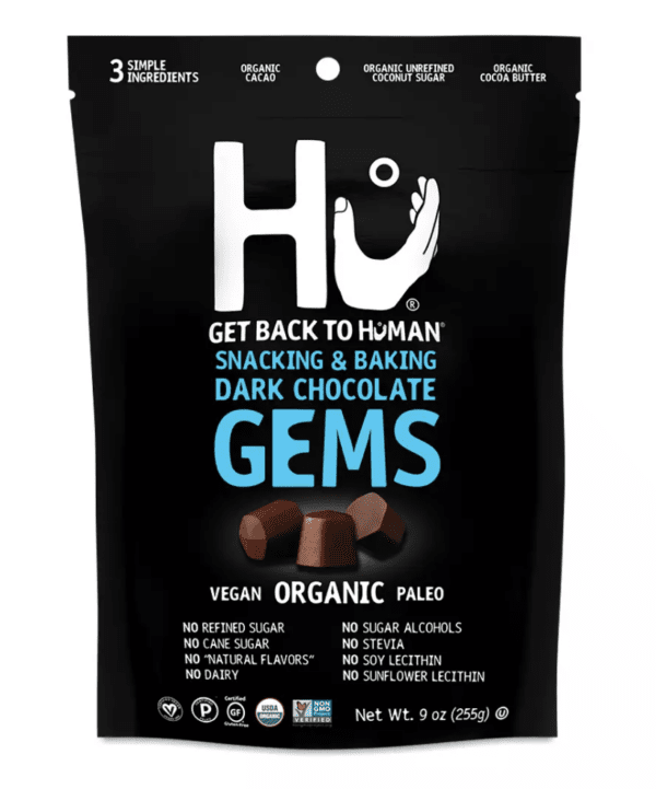 Hu vegan chocolate gems in a black bag