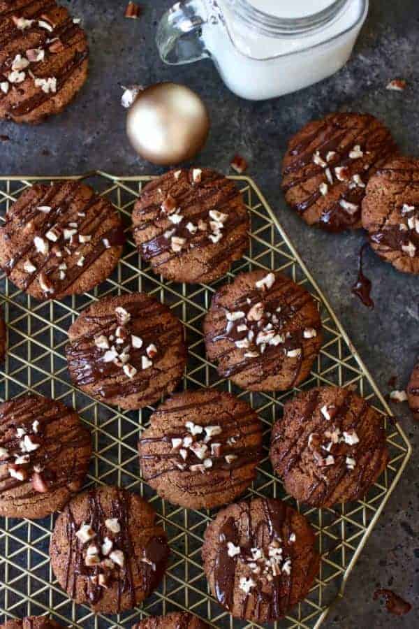 Overhead view of Paleo Soft Batch Ginger Molasses Cookies on a cooling rack