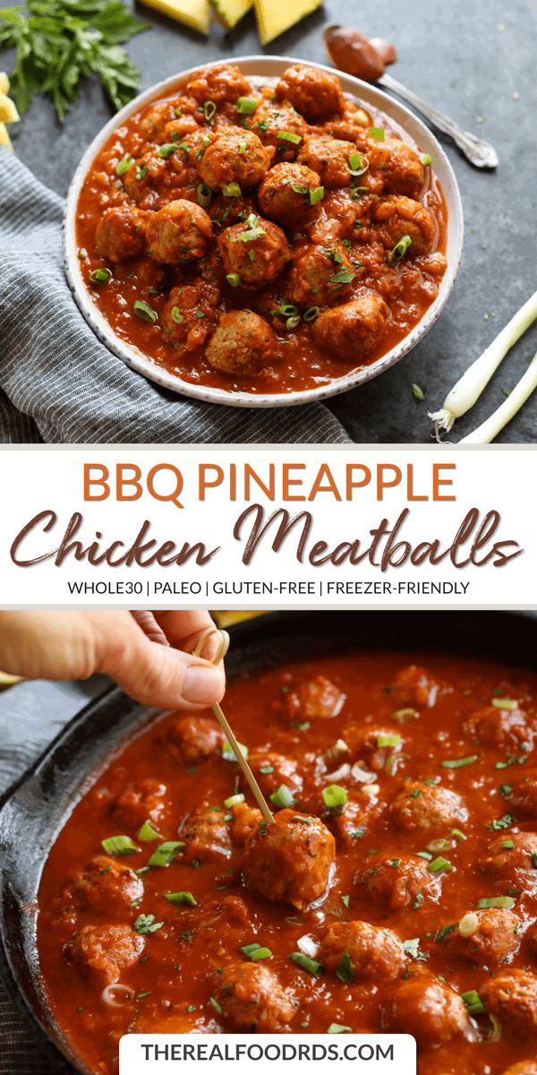 Long Pin Image of BBQ Pineapple Chicken Meatballs