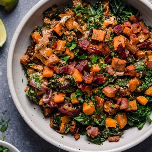 Overhead view warm sweet potato salad with chipotle lime dressing tossed in