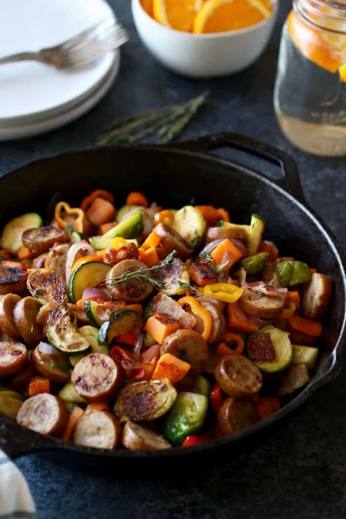 Cast iron skillet with Chicken Apple Sausage Sweet Potato Hash.