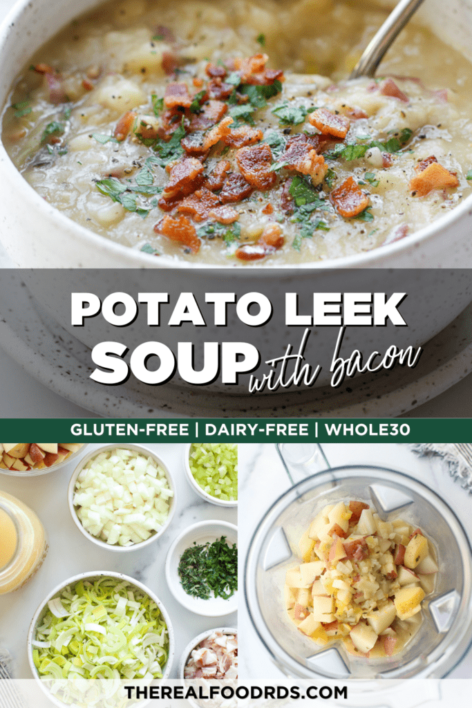 Creamy potato leek soup in a speckled bowl topped with bacon and chives.