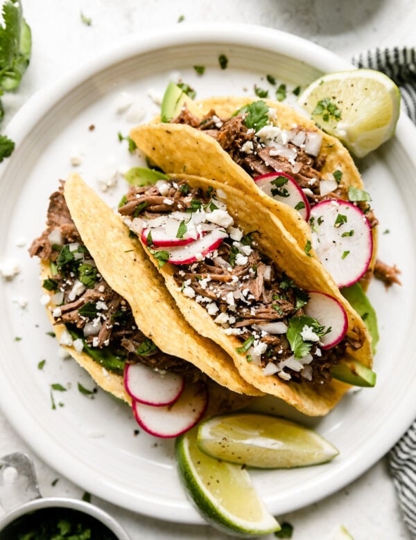 Overhead view of beef barbacoa tacos on a plate