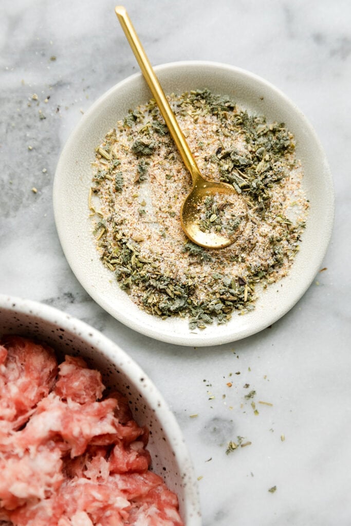 Seasoning for sweet potato breakfast casserole in small bowl