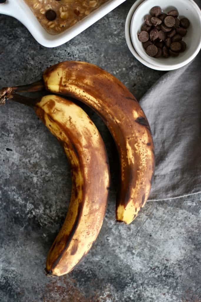 Overhead view ripe bananas for the Banana Chocolate Chip Baked Oatmeal