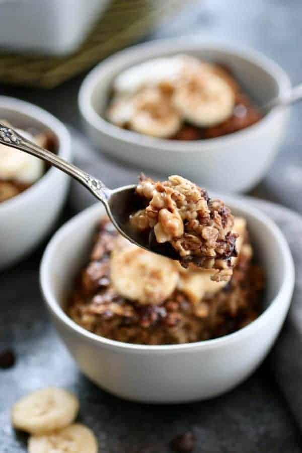 Close up photo of a spoonful of Banana Chocolate Chip Baked Oatmeal