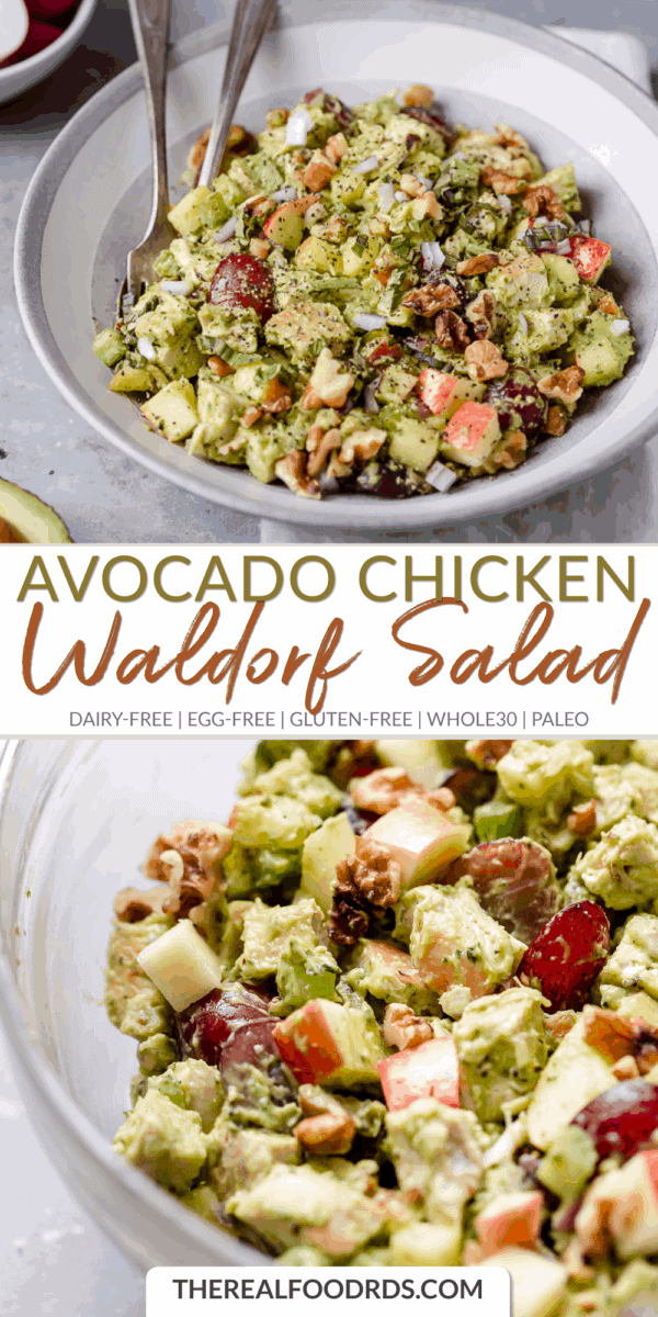 Long Pin Image for Avocado Chicken Waldorf Salad