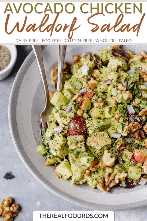 Short Pin Image for Avocado Chicken Waldorf Salad