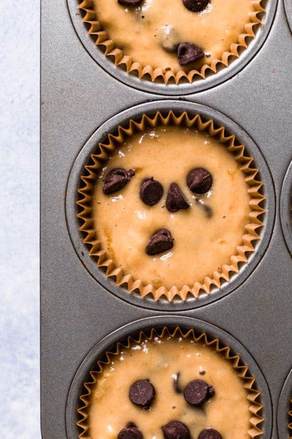 Overhead photo of the Gluten-free Banana Chocolate Chip Muffins batter in a muffin tin lined with paper liners. 