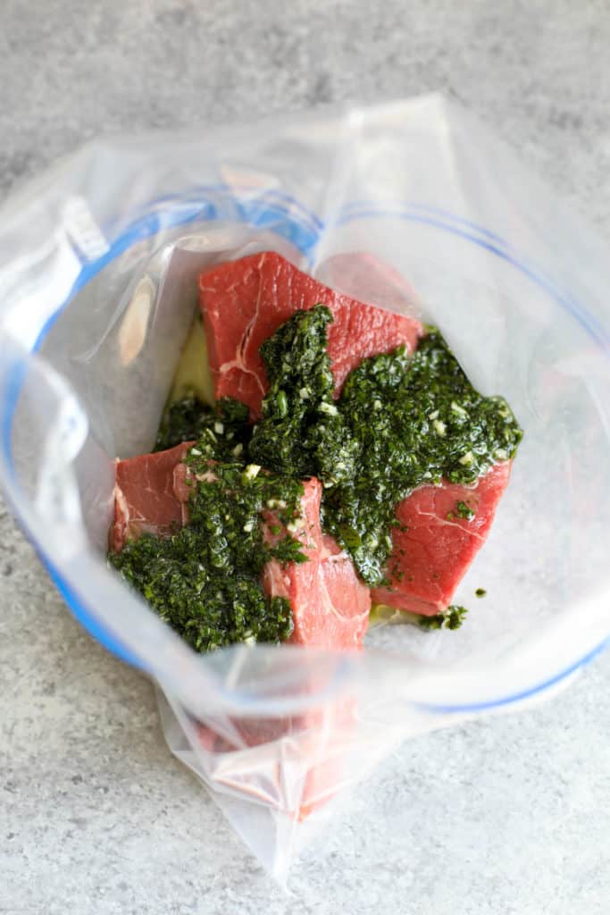 process shot of steak marinading