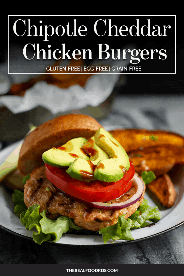 Pin Image with text for Chipotle Cheddar Chicken Burgers