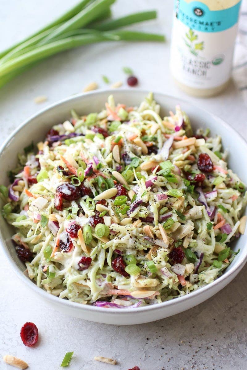 Photo of 5-Ingredient Creamy Ranch Broccoli Slaw in a white bowl.