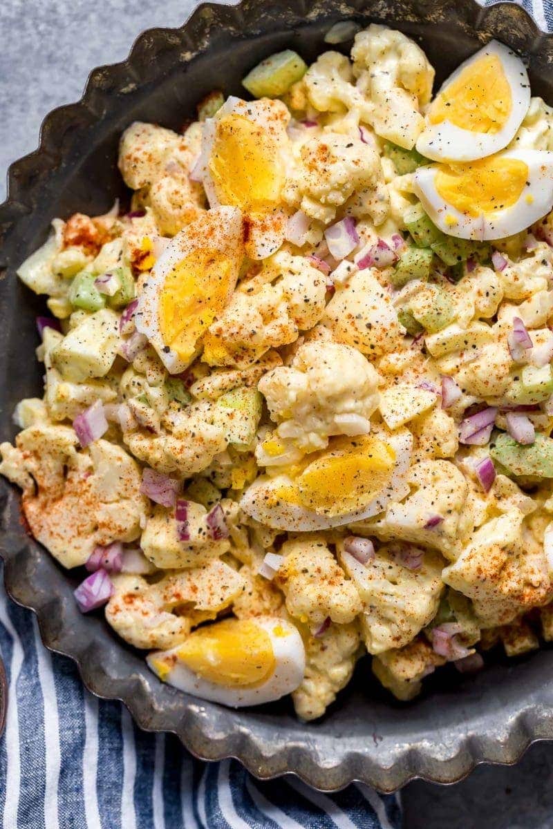 Low-Carb Mock Potato Salad in a metal bowl ready for serving.