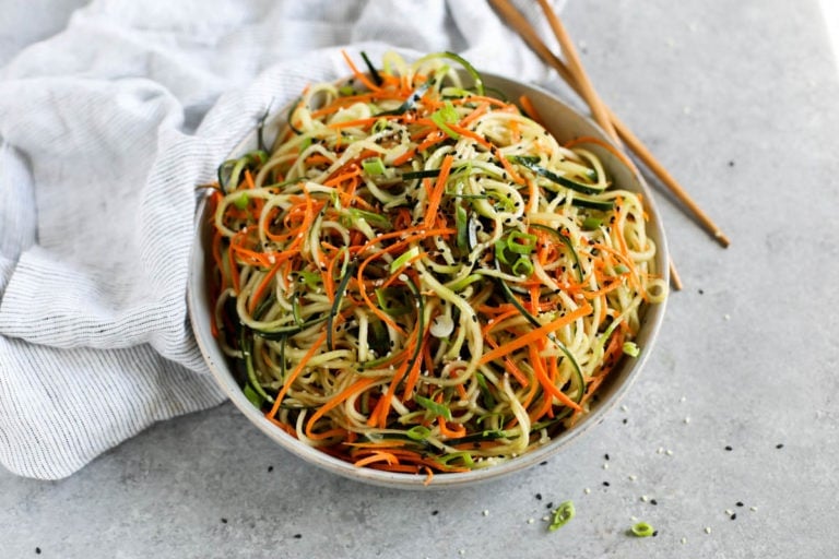 Cucumber noodle salad made with zucchini noodles and tossed in Asian-inspired sauce