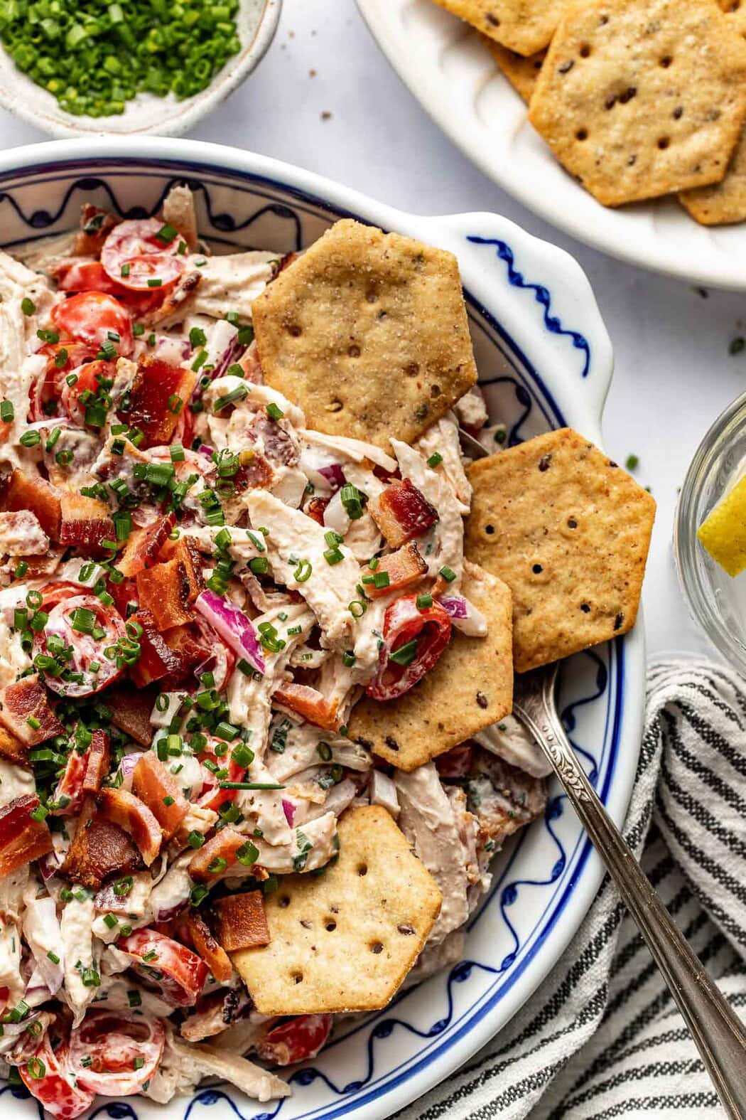 Overhead view of a plate of BLT Chicken Salad with crackers around the outside. 